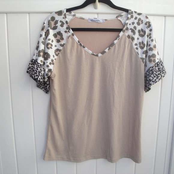 Miss Look Top Women's Large Khaki Beige Knit Animal Print Sleeves Fall - Picture 1 of 4